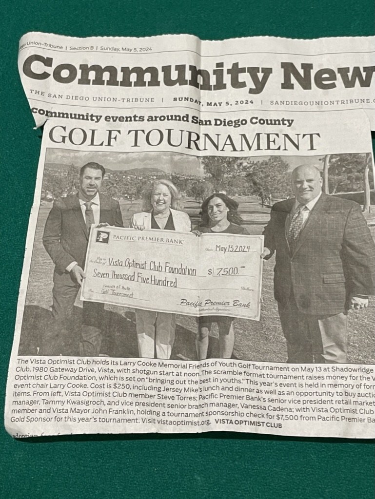 Newspaper feature with Steven Torres and Vista Mayor John Franklin supporting the Larry Cooke Memorial Golf Tournament